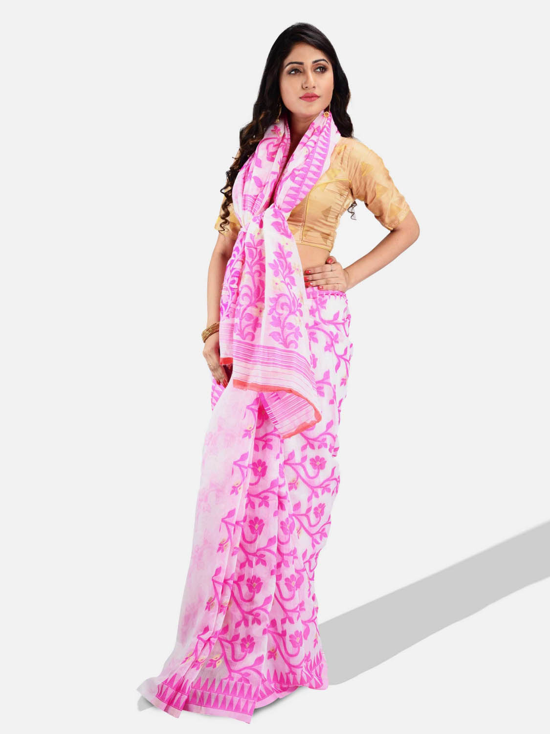 Handloom Soft Resham Dhakai jamdani Bengal Cotton Silk Tant Saree Whole Body Design with Blouse Pcs (Pink White)